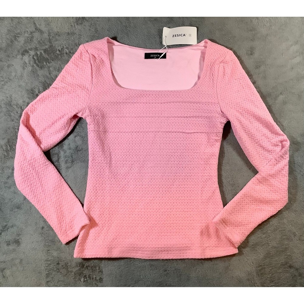 Zesica Women's Square Neck Textured Top Long Sleeve Pink Size M NWT